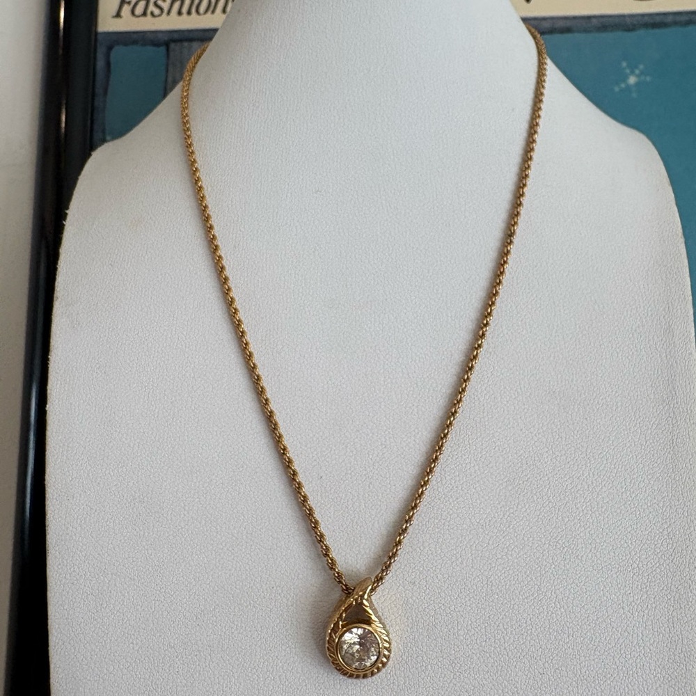 Christian Dior Vintage Gold Pendant Necklace with Clear Stone - Women Jewelry - Picture 2 of 13